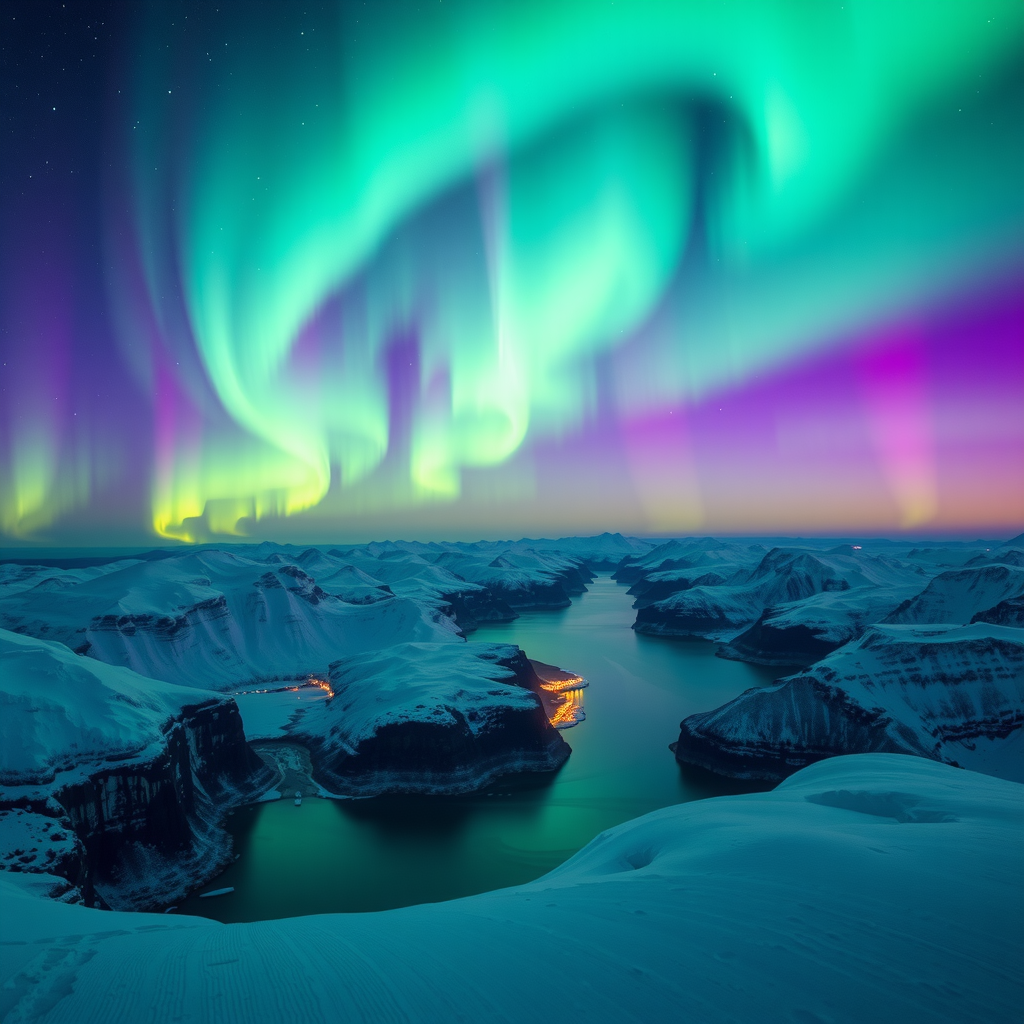 Spectacular aurora borealis display with vibrant green and purple lights dancing across the night sky over snow-covered mountains and fjords in Tromsø, Northern Norway