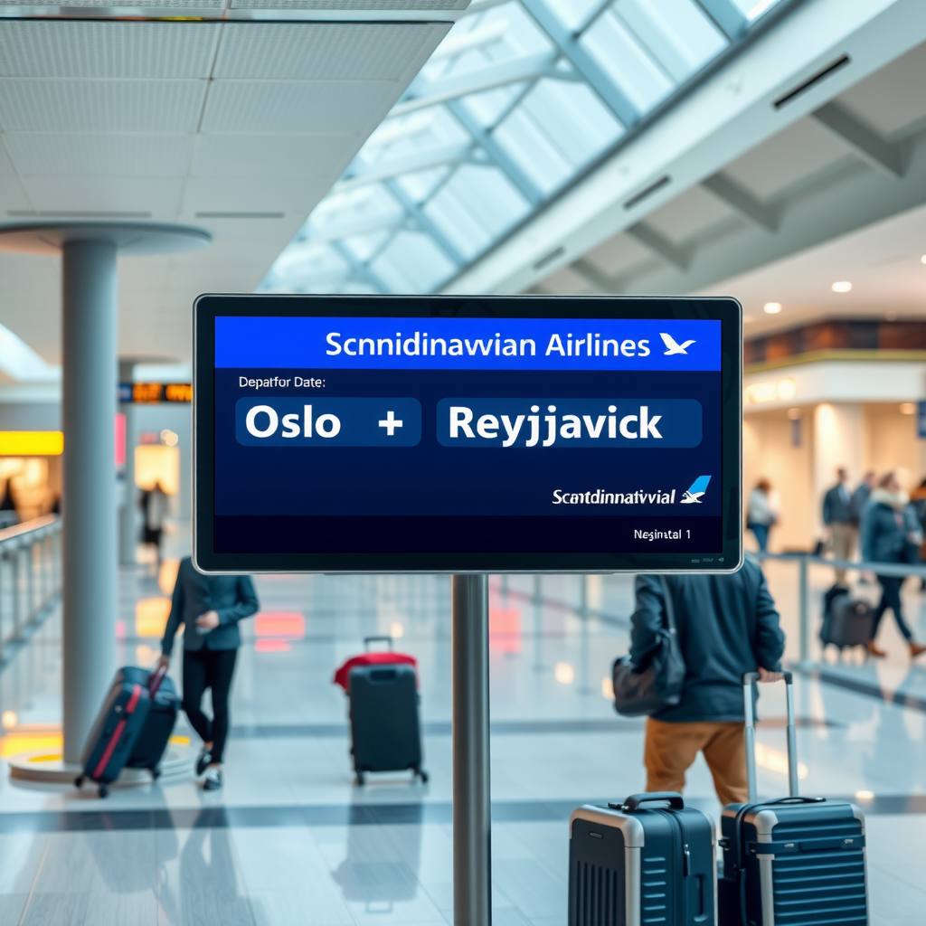 Modern airport departure board displaying the new Oslo to Reykjavik direct flight route with Scandinavian Airlines branding, travelers with luggage in the background, bright and contemporary airport terminal setting