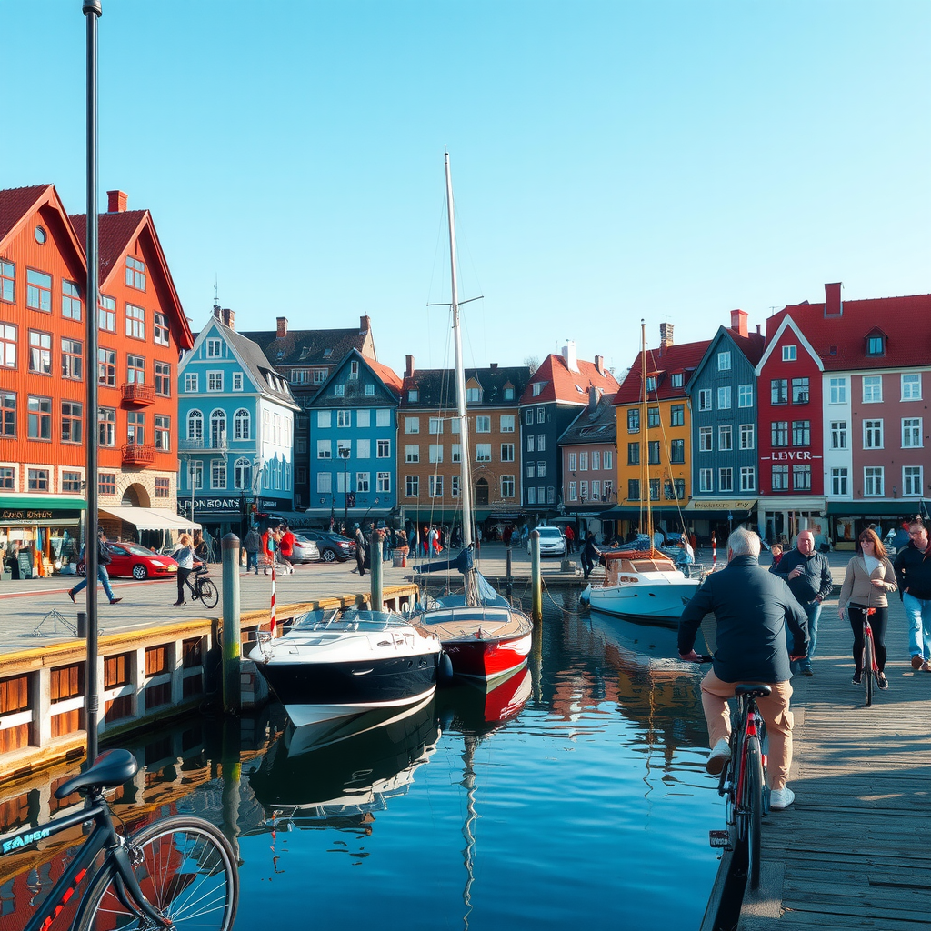 Scenic view of Bergen's historic Hanseatic wharf with colorful wooden buildings, electric boats docked at the harbor, and tourists exploring on bicycles under clear Norwegian skies