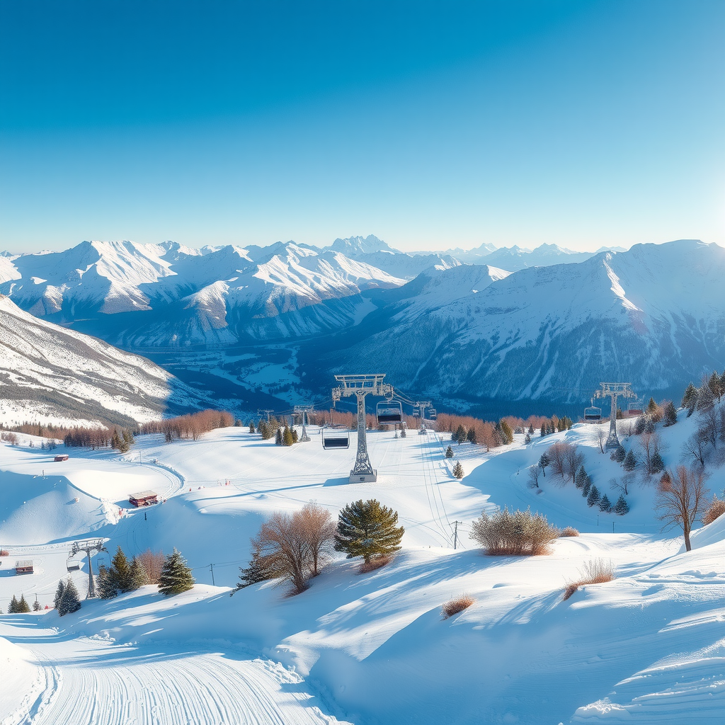 Panoramic view of Norwegian ski resort in Hemsedal with pristine powder snow covering mountain slopes, ski lifts operating, and bright blue sky overhead