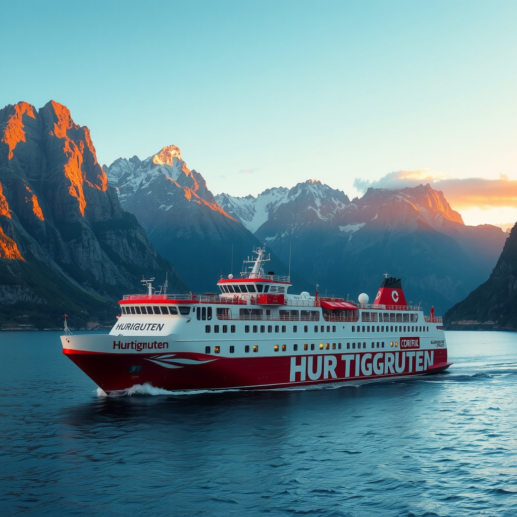 Hurtigruten coastal ferry sailing through stunning Norwegian fjords with dramatic mountain peaks in the background under the golden light of the midnight sun, showcasing the iconic red and white vessel against crystal blue waters