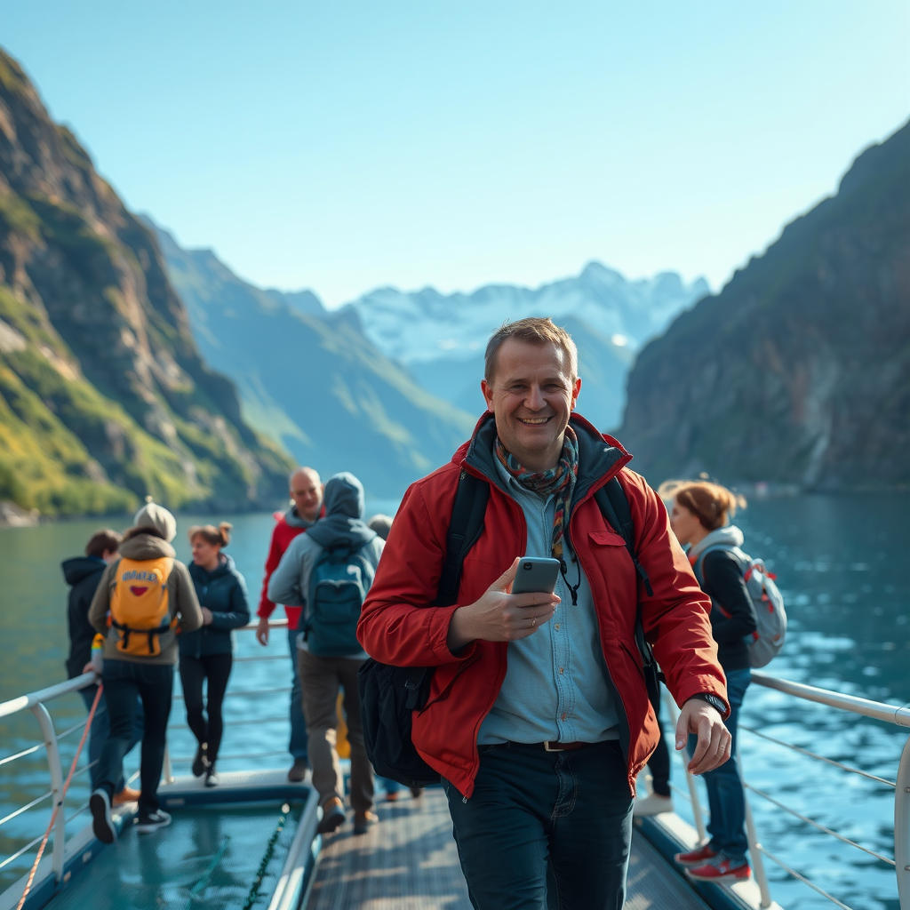 Professional tour guide leading a group through stunning Norwegian fjords with dramatic mountain peaks and crystal blue waters in the background