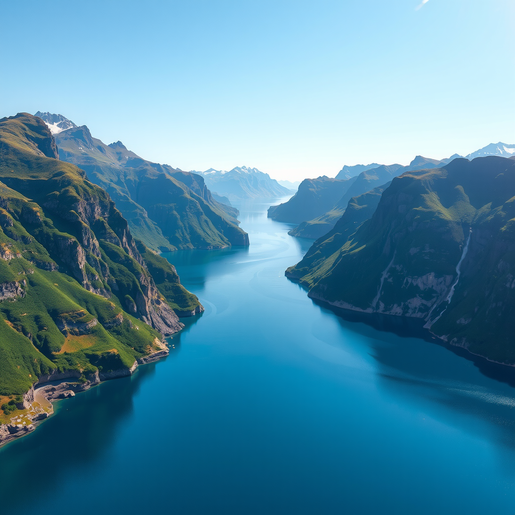 Breathtaking view of Norwegian fjords with crystal blue waters surrounded by steep mountain cliffs and lush green valleys under a bright sky