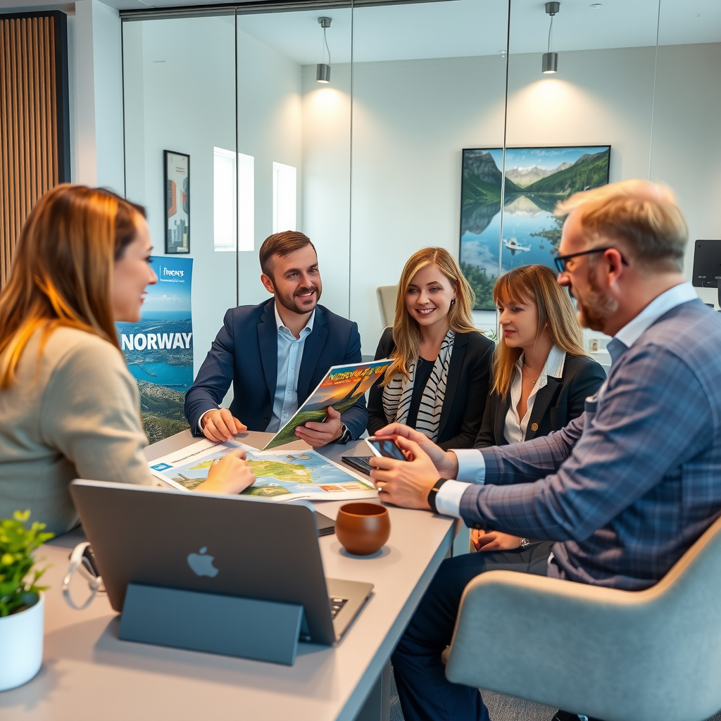 Professional travel consultant working with clients at a modern office desk, reviewing colorful travel brochures and maps of Norway, with a laptop showing scenic Norwegian destinations, warm and welcoming atmosphere