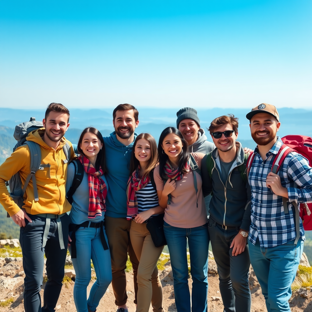 Happy group of diverse travelers standing together at a scenic mountain viewpoint, smiling and celebrating their adventure with backpacks and hiking gear, bright sunny day with blue sky