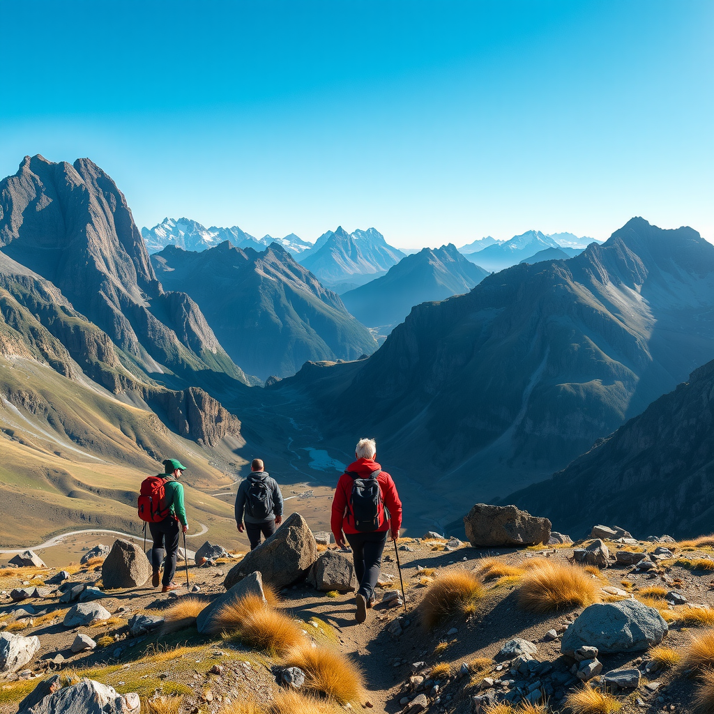 Adventurers hiking through stunning Norwegian mountain landscape with dramatic peaks and valleys under clear blue sky
