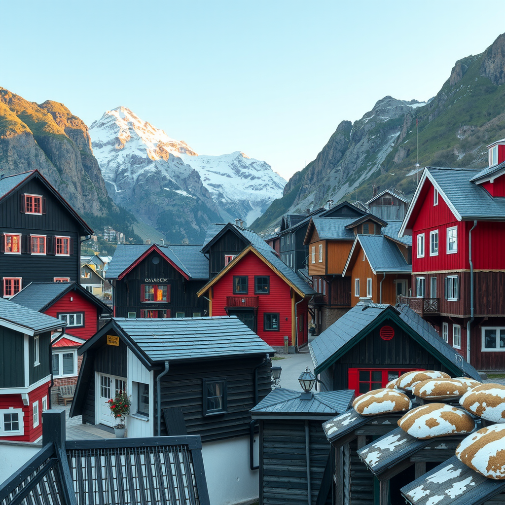 Traditional Norwegian village with colorful wooden houses nestled in mountains, showcasing authentic Nordic architecture and cultural heritage