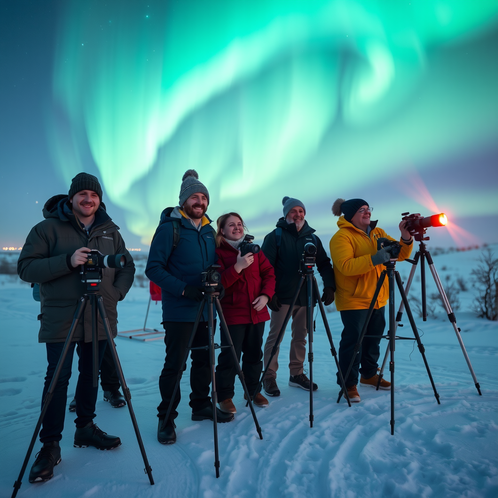 Group of excited travelers with cameras on tripods photographing the northern lights from a snowy viewpoint, with warm lighting from their equipment illuminating the foreground