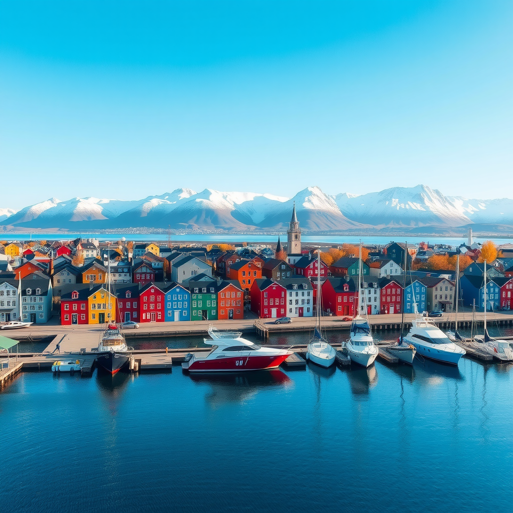 Panoramic view of Reykjavik harbor with colorful buildings along the waterfront, snow-capped mountains in the background, clear blue sky, traditional Icelandic architecture, boats docked in the marina