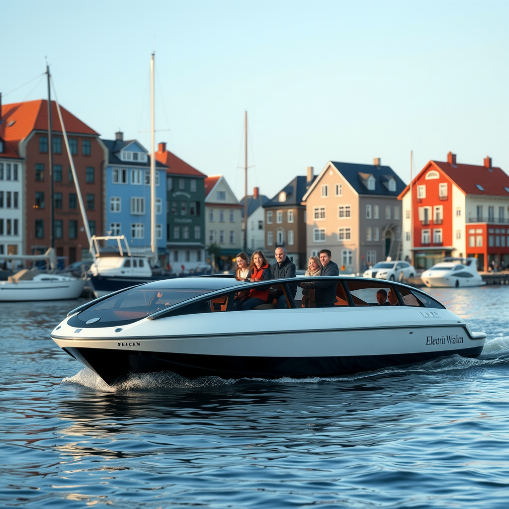 Sleek modern electric boat with tourists aboard gliding silently through Bergen harbor waters with traditional wooden buildings in background