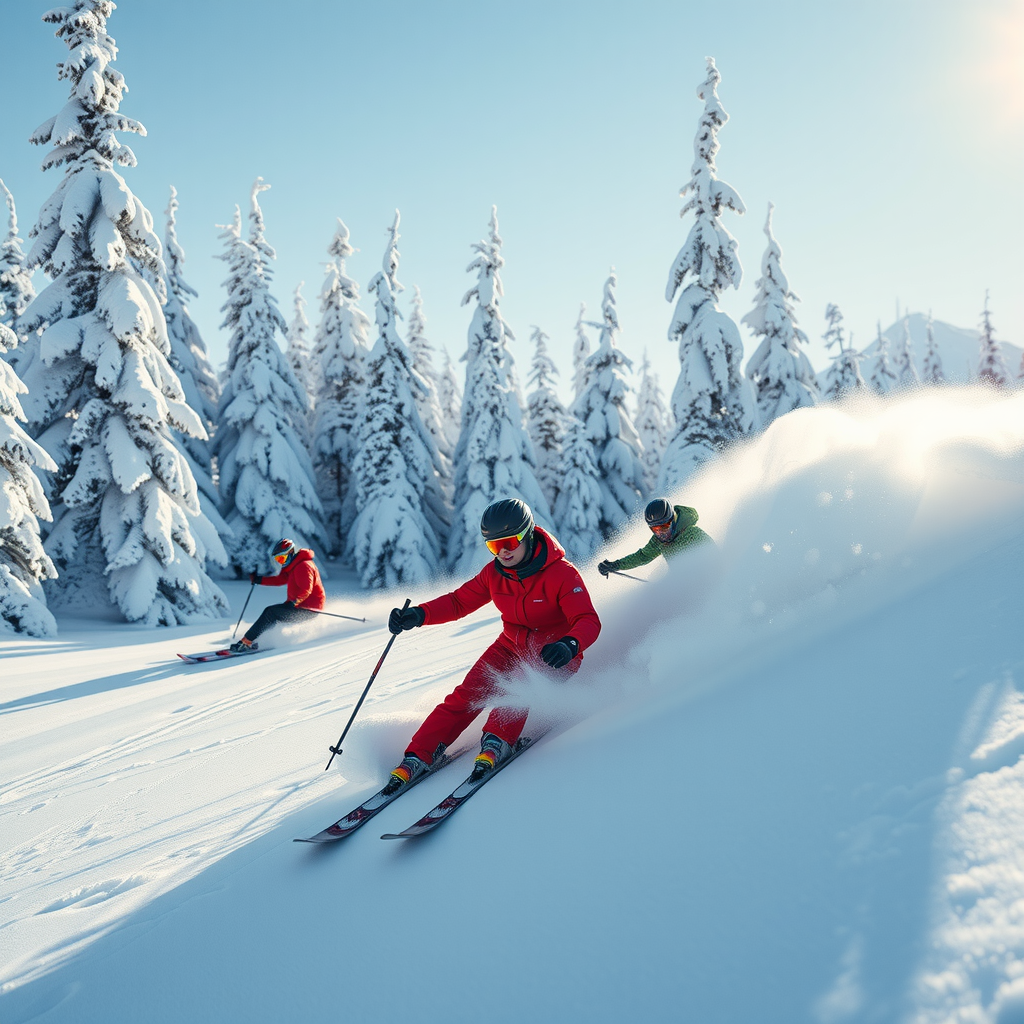 Group of skiers carving through deep powder snow on a sunny day at Trysil resort with snow-covered pine trees in background