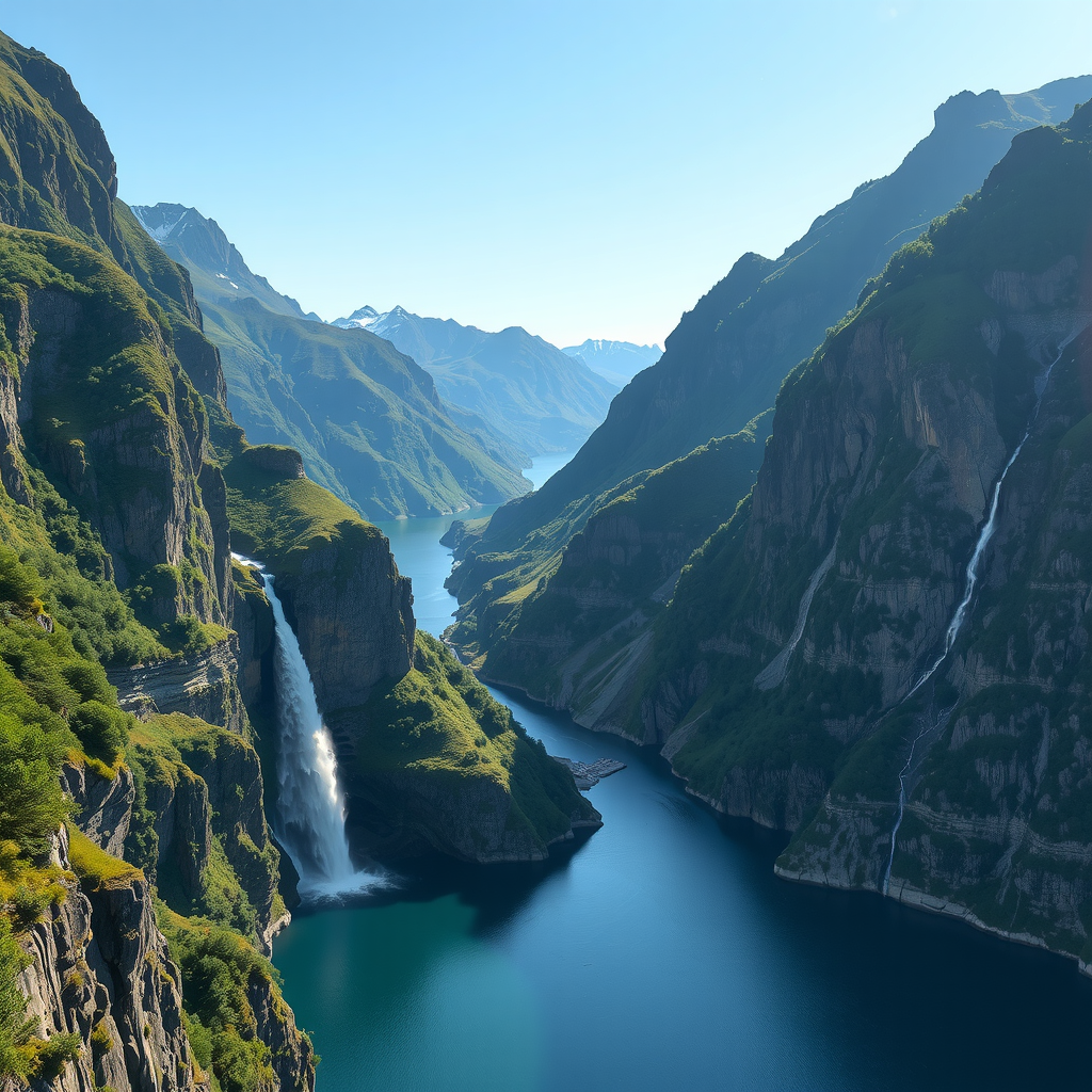 Spectacular view of Geirangerfjord UNESCO World Heritage site with cascading waterfalls flowing down steep mountain cliffs into the deep blue fjord waters, surrounded by lush green vegetation and dramatic peaks