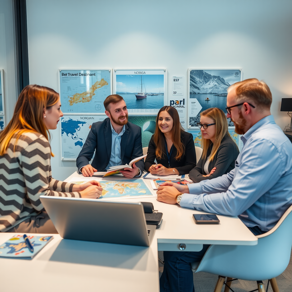 Travel consultant working with clients at a modern desk with maps, brochures, and laptop showing Norwegian destinations and itinerary planning