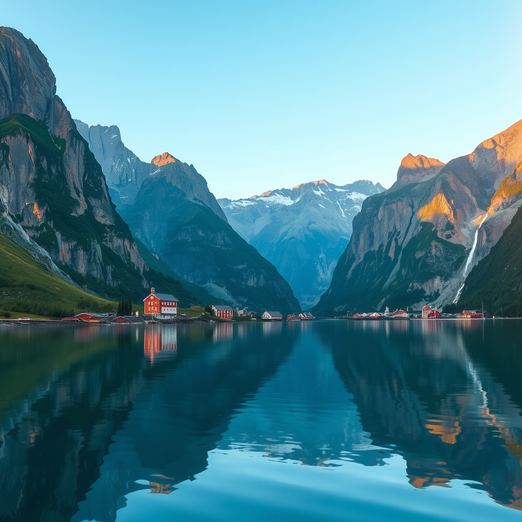 Dramatic Norwegian fjord with towering cliffs reflected in calm turquoise waters, small villages nestled at the base of mountains