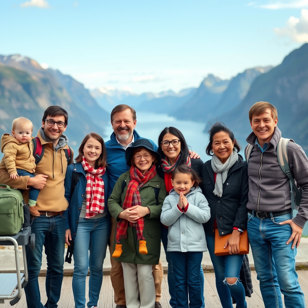 Diverse group of happy travelers including couples, families with children, and solo adventurers standing together in front of a stunning Norwegian fjord landscape with mountains in the background, everyone smiling and enjoying their vacation