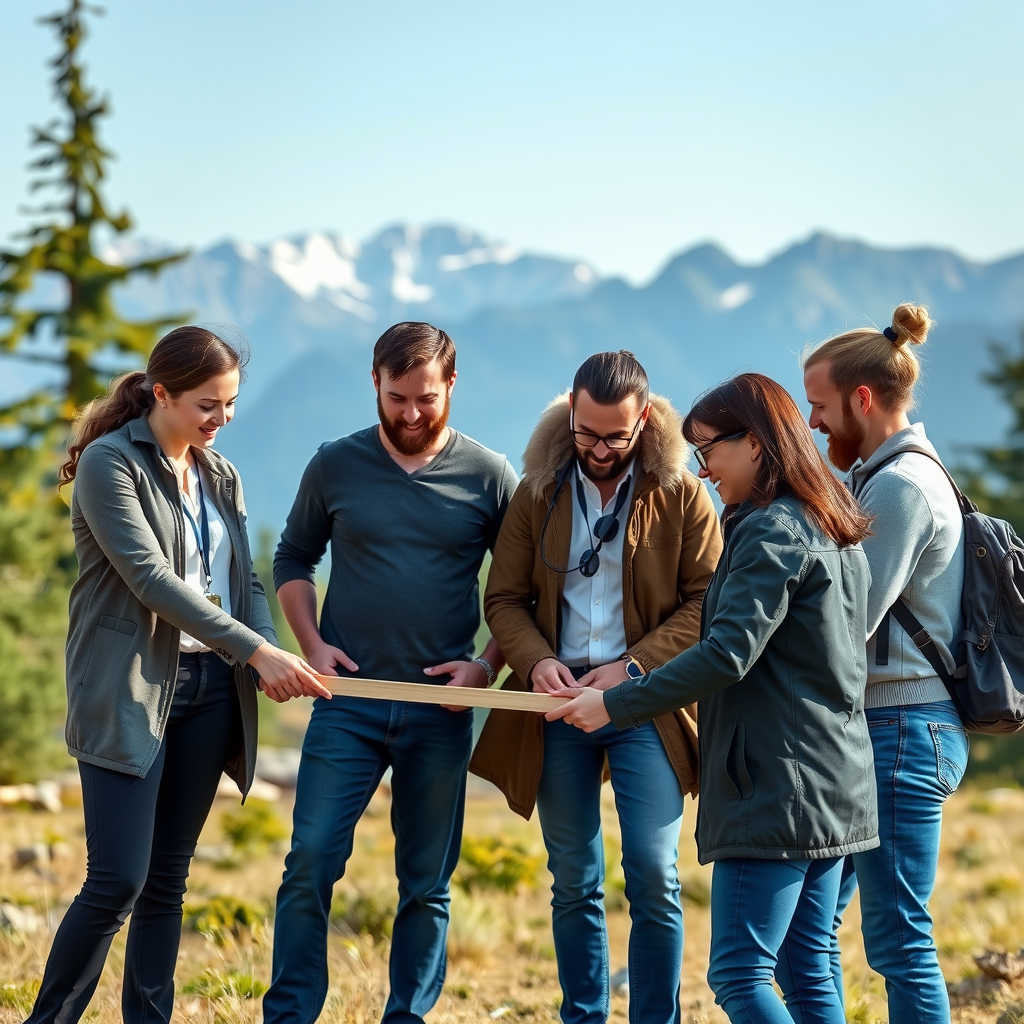 Professional business team in casual attire participating in outdoor team building activity, collaborating on a challenge in a beautiful natural setting with mountains in background
