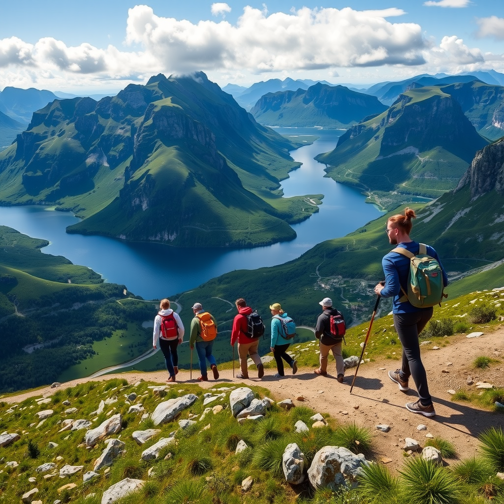 Group of hikers trekking through Norwegian mountain trails with breathtaking fjord views and lush green valleys in summer