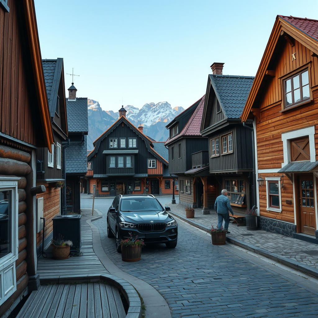 Authentic Norwegian village featuring traditional wooden architecture, cobblestone paths, and preserved historic buildings showcasing rural Norwegian life