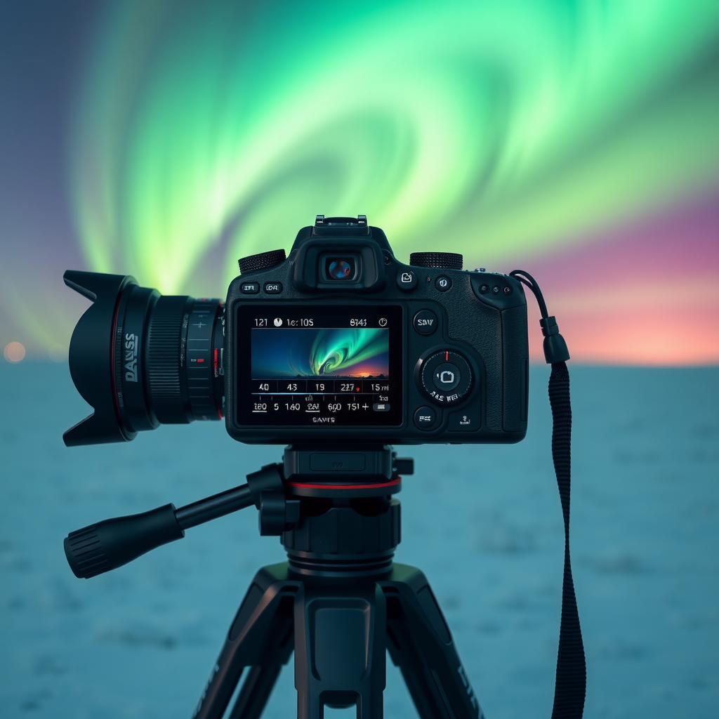 Professional camera on sturdy tripod set up for long-exposure aurora photography, with settings visible on LCD screen showing manual mode, wide aperture, and high ISO