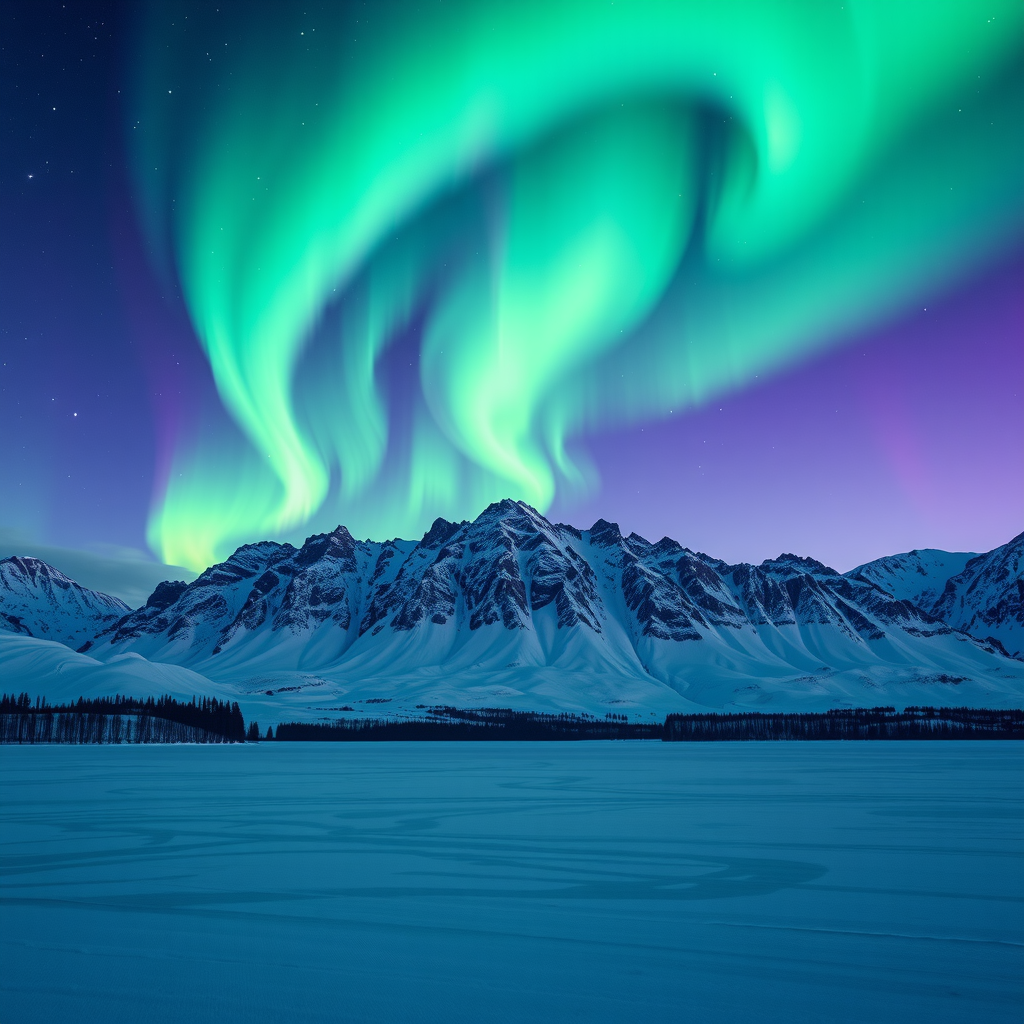 Spectacular aurora borealis dancing across the night sky over a Nordic landscape with snow-covered mountains, frozen lake in foreground, vibrant green and purple lights illuminating the scene, stars visible in clear sky