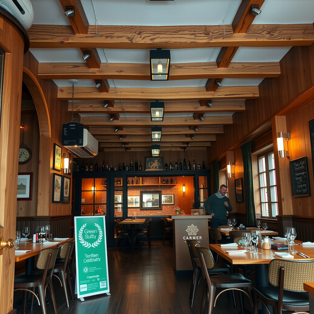 Cozy traditional Norwegian restaurant interior with wooden beams, local artwork, and green sustainability certification displayed prominently at entrance