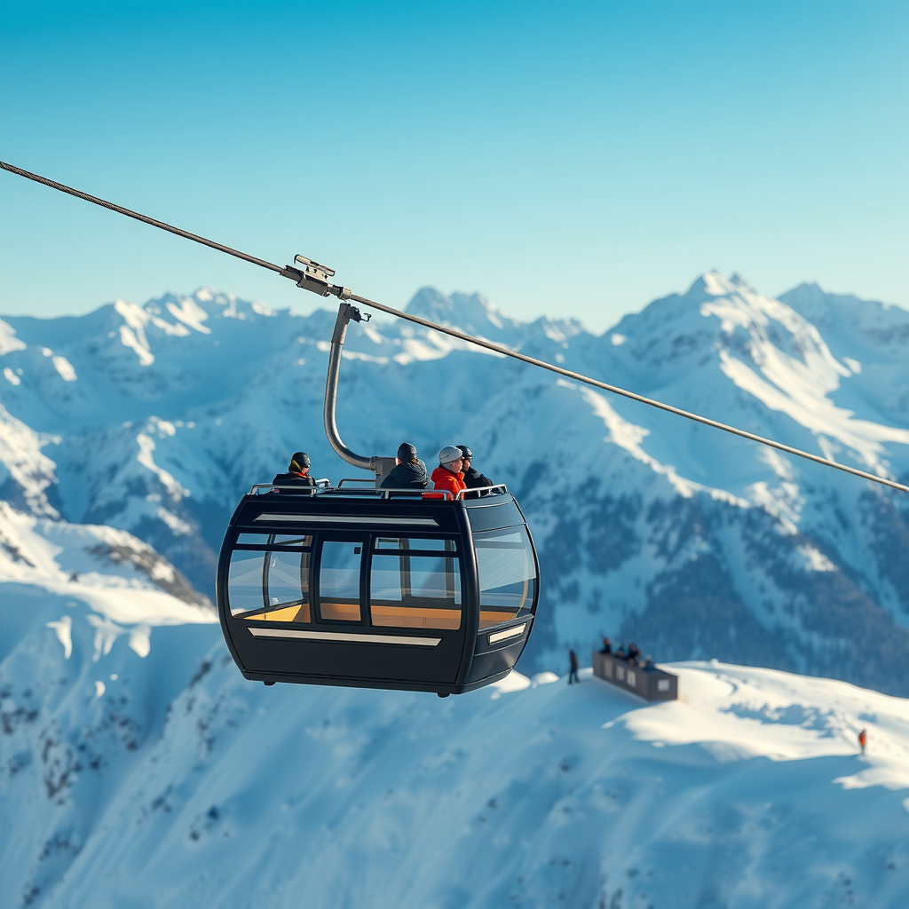 Modern ski lift carrying passengers up mountain with dramatic snow-covered peaks and clear blue sky in background at Norwegian resort