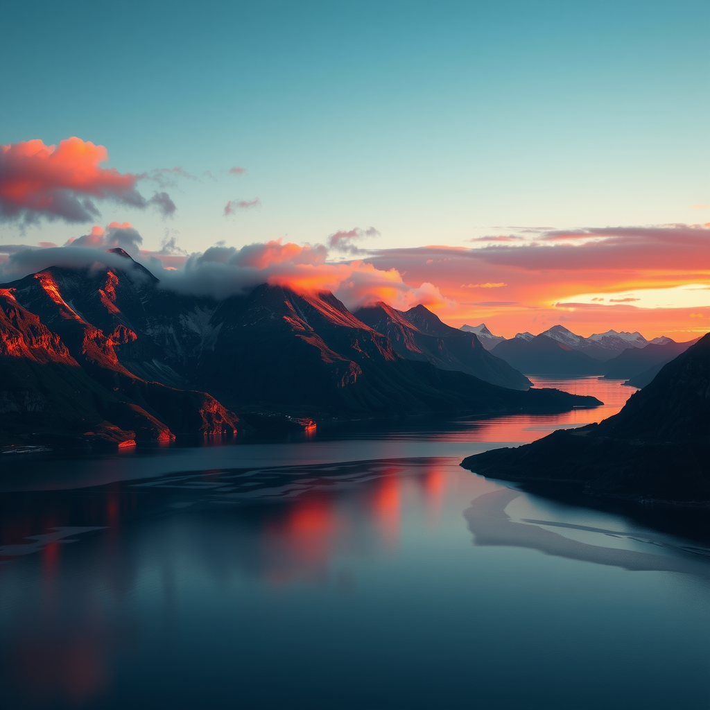Breathtaking midnight sun scene over Norwegian coastal landscape with golden sunlight illuminating mountain peaks and reflecting off calm fjord waters at midnight, creating a surreal and magical atmosphere with warm orange and pink hues in the sky