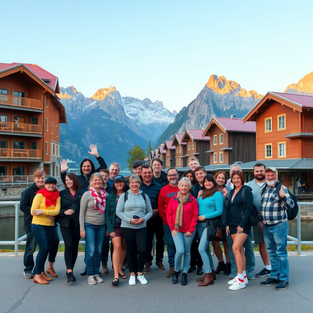 Large group of happy travelers posing together in front of iconic Norwegian scenery with mountains and traditional wooden buildings
