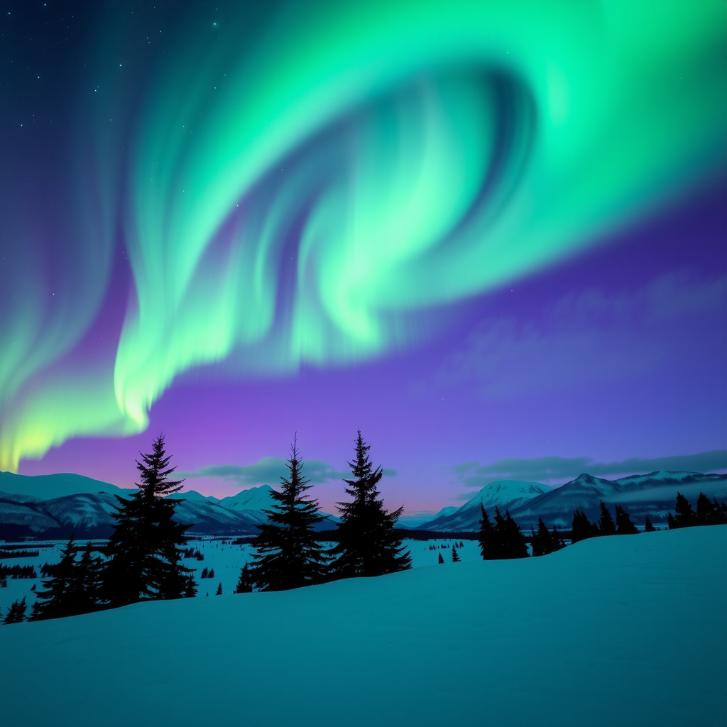 Spectacular aurora borealis dancing across the night sky in vibrant green and purple colors above a snowy Norwegian landscape with silhouetted pine trees