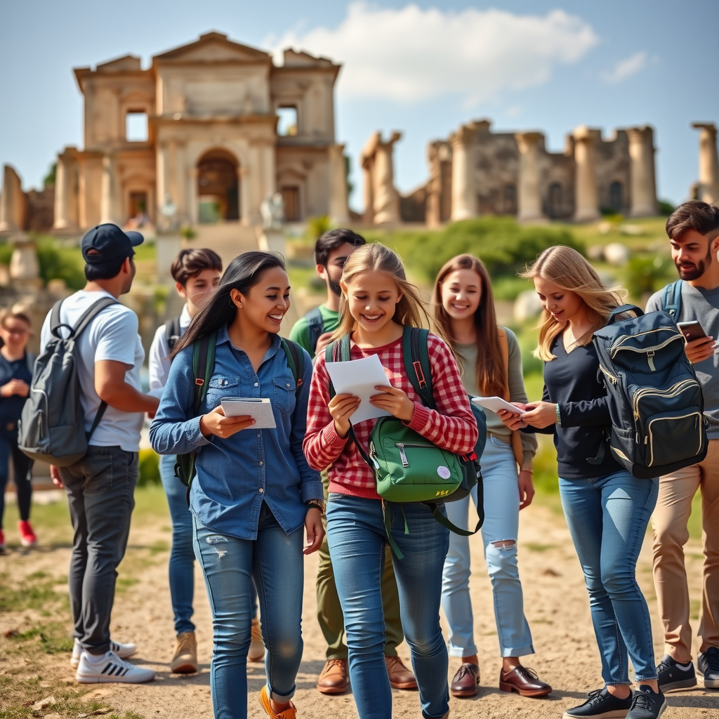 Enthusiastic students with backpacks and teachers on educational field trip, exploring historical site with ancient architecture, taking notes and photos, engaged in learning experience
