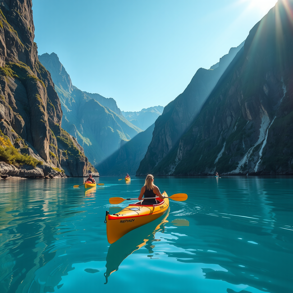 Kayakers paddling through crystal clear Norwegian fjord waters surrounded by towering cliffs and serene natural beauty