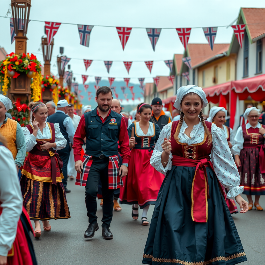 Vibrant Norwegian festival scene with people in traditional bunads, folk dancing, and cultural celebrations showcasing Norwegian festive traditions