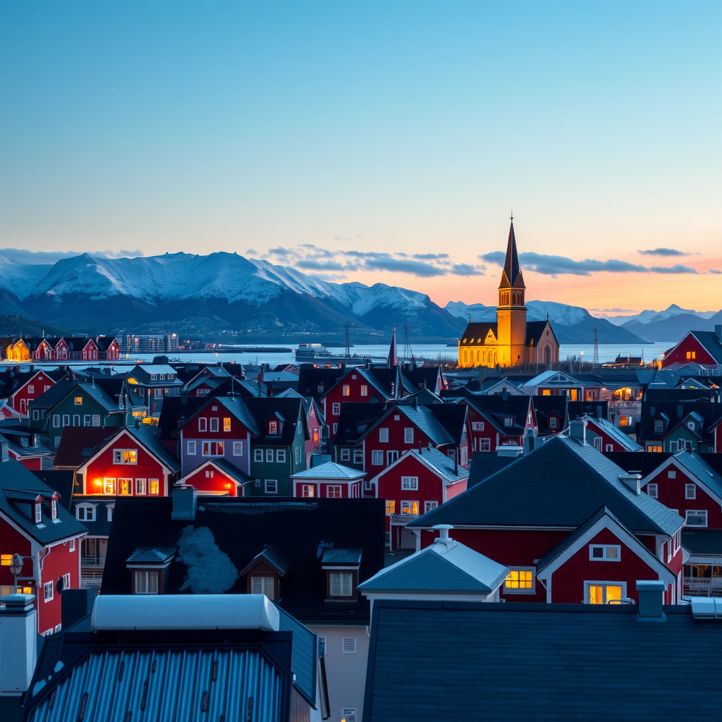 Panoramic view of Tromsø city at dusk with colorful wooden houses, the iconic Arctic Cathedral illuminated, and snow-covered mountains in the background under twilight sky