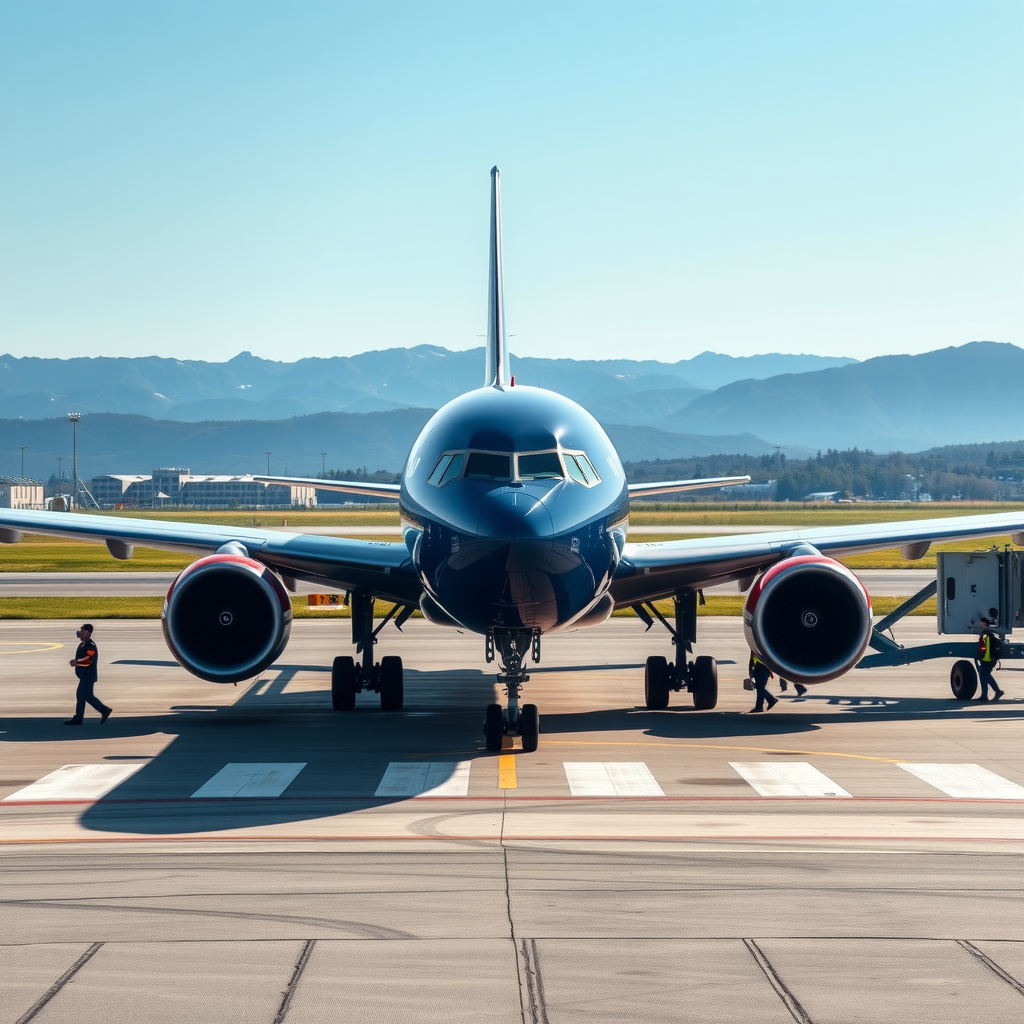 Sleek Scandinavian Airlines aircraft on airport tarmac with Oslo mountains in background, modern livery featuring blue and white colors, ground crew preparing for departure, clear sunny day