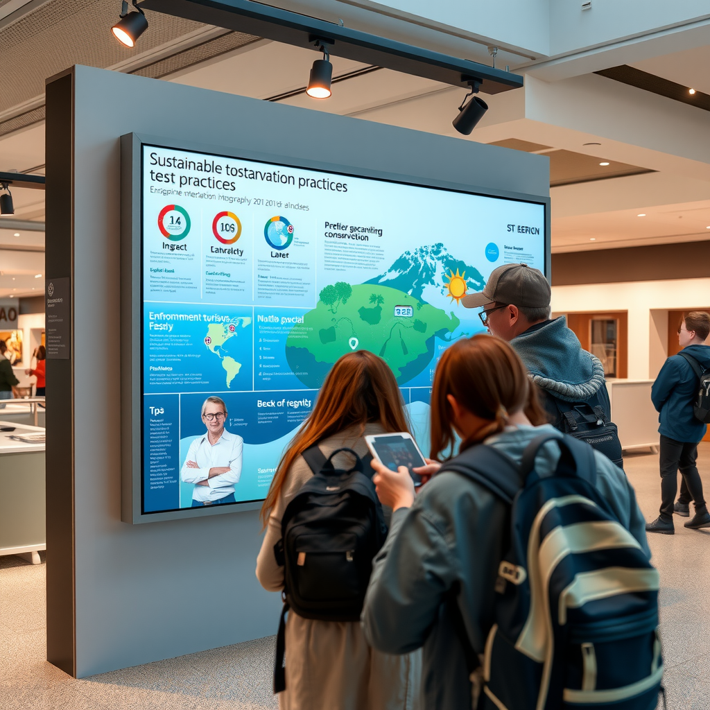 Modern interactive educational display showing infographics about sustainable tourism practices, with tourists reading information about environmental conservation in Bergen