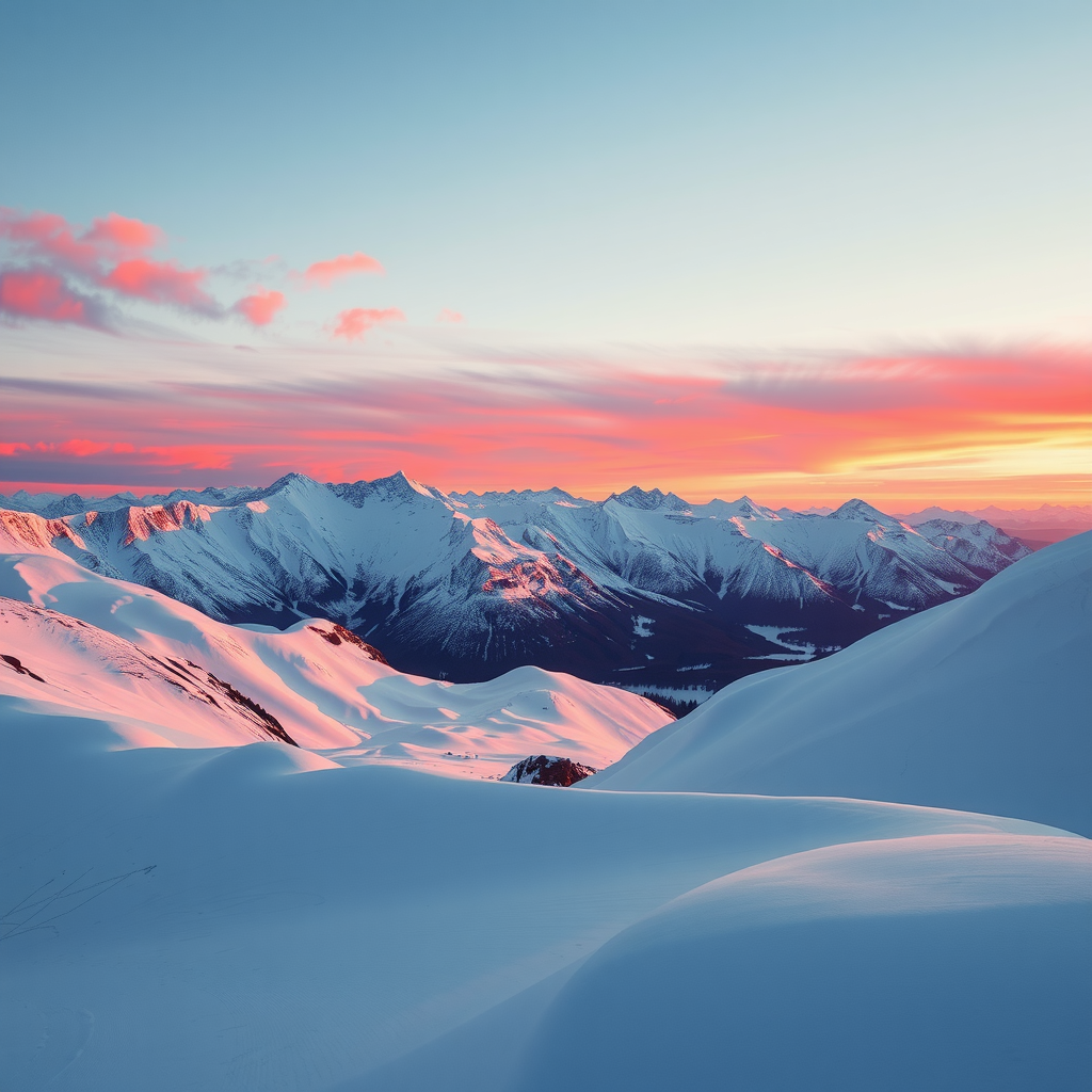 Stunning sunset view over snow-covered Norwegian mountains with orange and pink sky reflecting on pristine white slopes