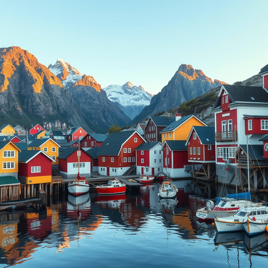 Charming Norwegian coastal village with colorful traditional wooden houses in red, yellow, and white, nestled at the base of dramatic mountains with a small harbor filled with fishing boats, reflecting authentic Norwegian coastal life and architecture