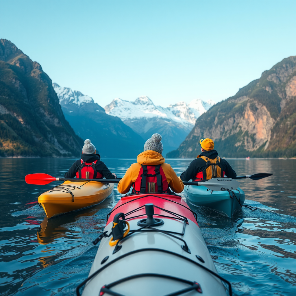 Adventurous travelers kayaking through pristine Norwegian fjords with snow-capped mountains, hiking gear and outdoor equipment visible