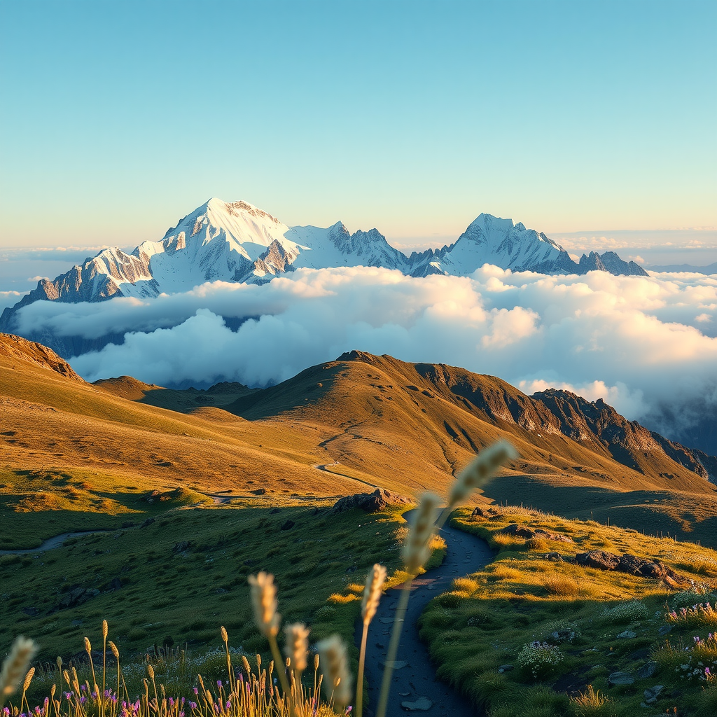 Snow-capped Norwegian mountain peaks rising above clouds with hiking trails winding through alpine meadows filled with wildflowers
