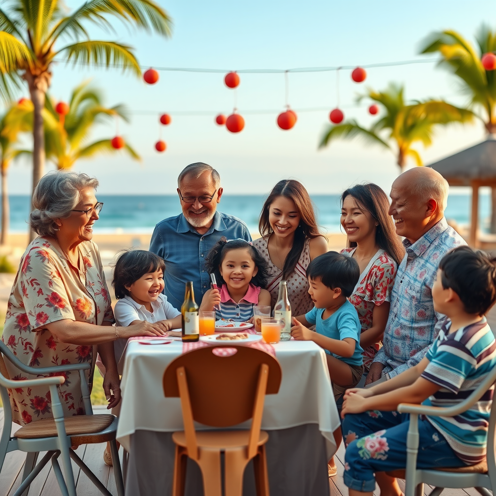 Multi-generational family gathering outdoors at beautiful beach resort, grandparents, parents and children laughing together, celebrating reunion with decorations and festive atmosphere