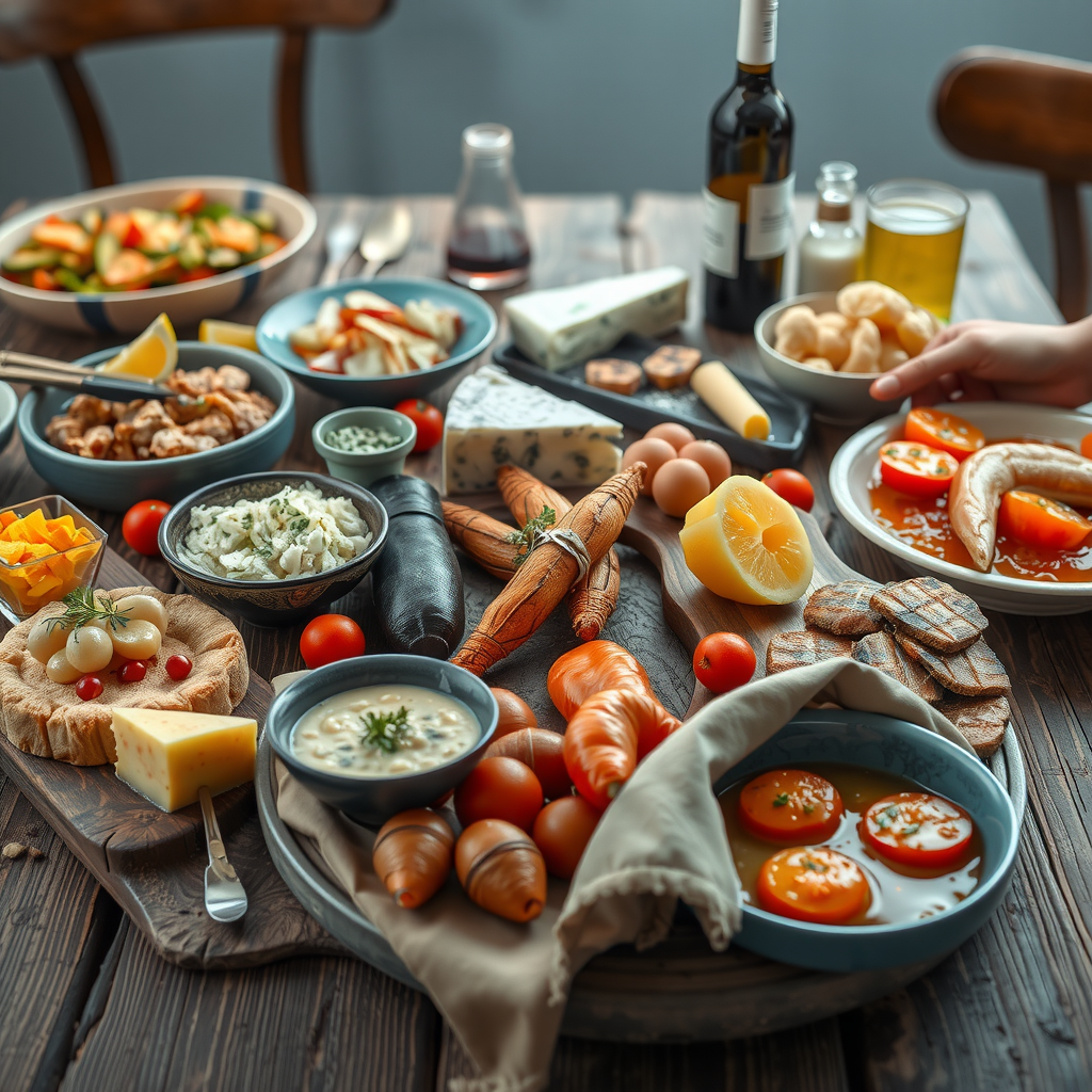 Traditional Norwegian food spread featuring local delicacies, fresh seafood, artisanal cheeses, and authentic Nordic dishes presented on rustic wooden table