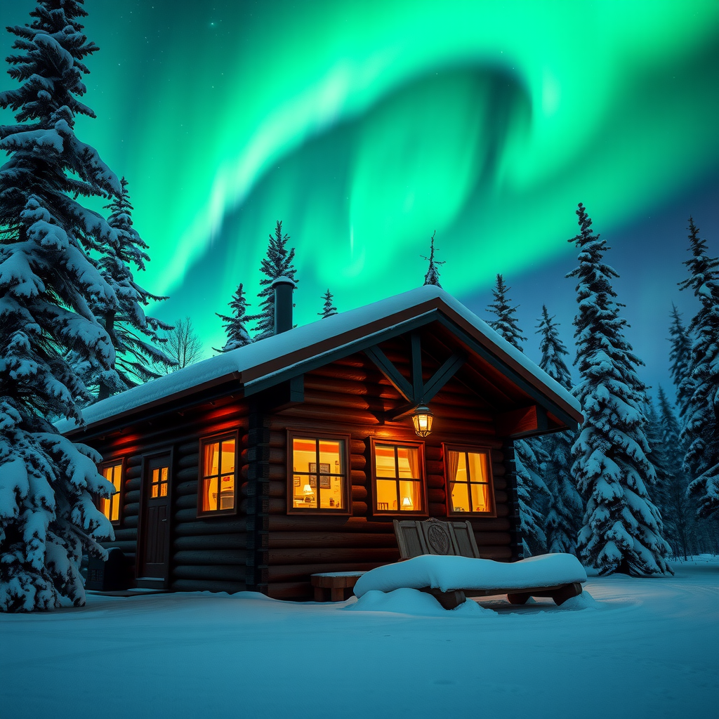 Traditional Norwegian wooden cabin with warm lights glowing from windows, surrounded by snow-covered pine trees, with brilliant green northern lights illuminating the night sky above