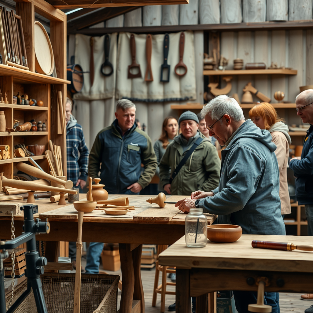 Traditional Norwegian artisan workshop with craftsperson demonstrating woodworking techniques to interested tourists, wooden tools and handmade items displayed on workbench