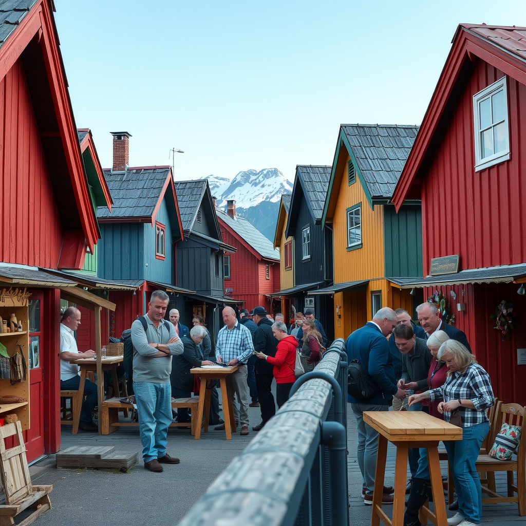 Traditional Norwegian village with colorful wooden houses, local artisans demonstrating crafts, and tourists experiencing authentic cultural activities