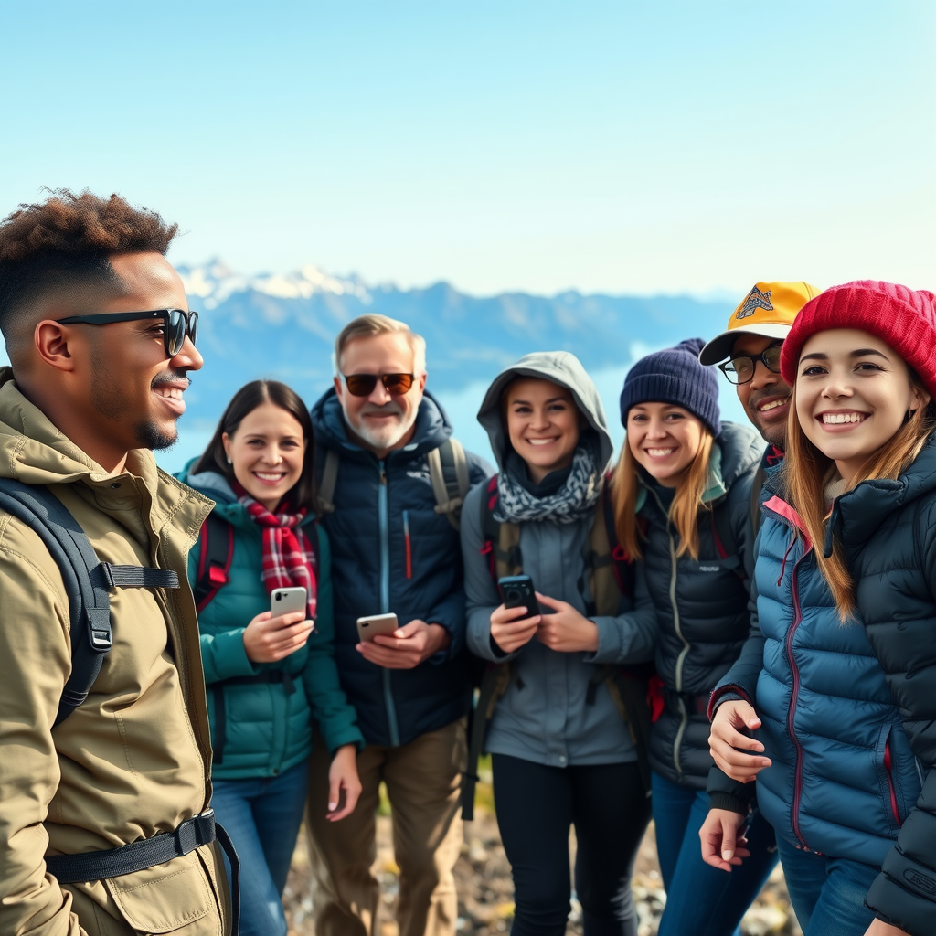 Happy diverse group of tourists with professional guide exploring Norwegian nature, taking photos of scenic mountain landscape, wearing outdoor gear and backpacks