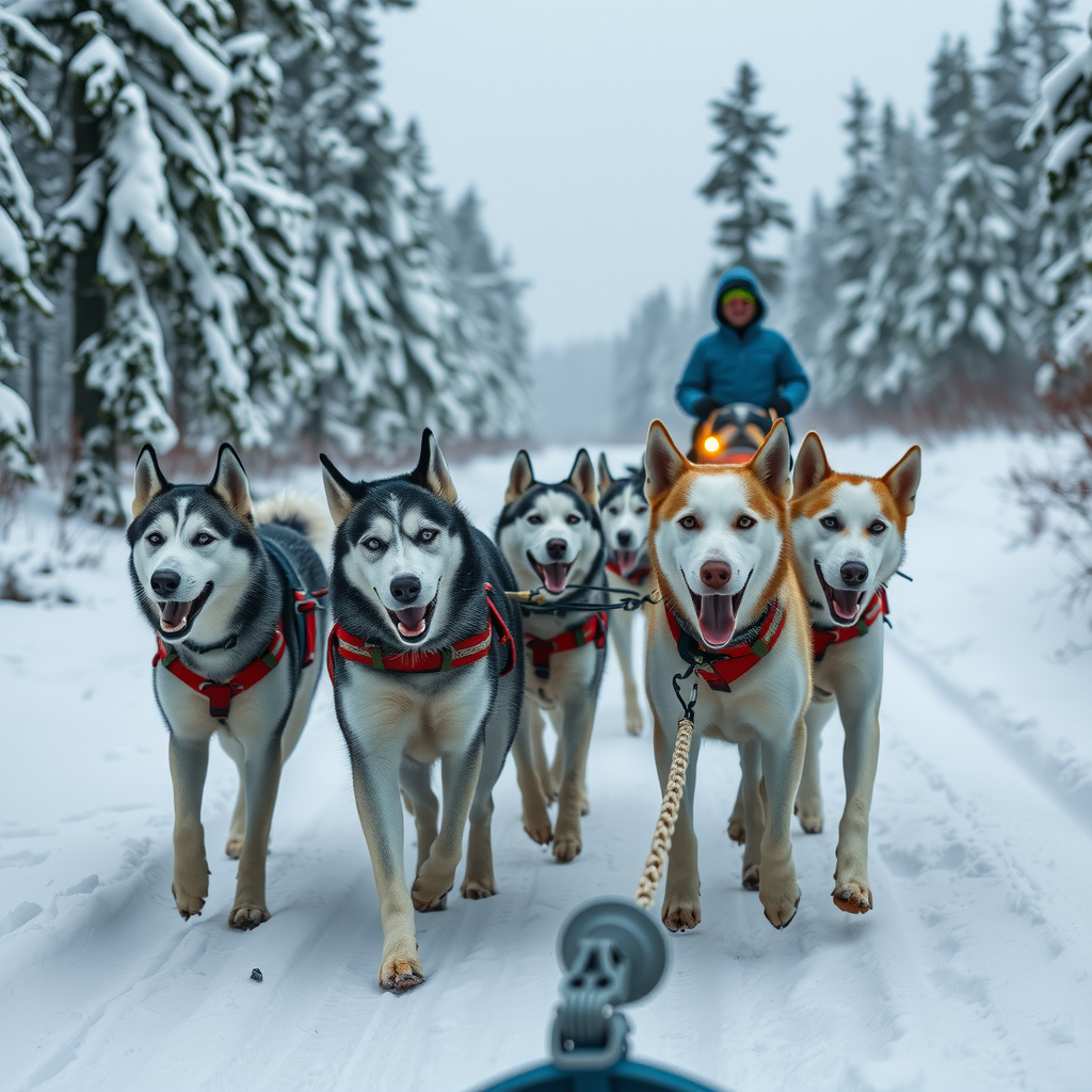 Team of energetic huskies pulling sled through snowy Norwegian wilderness with musher guiding through winter forest trails