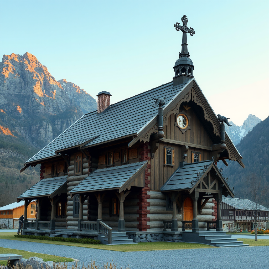 Medieval Norwegian stave church with intricate wooden architecture, dragon head decorations, and traditional Nordic design elements set against mountain landscape