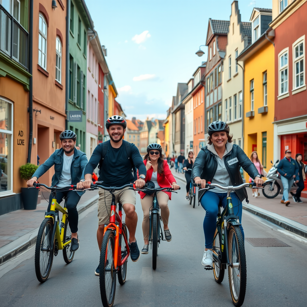 Group of happy tourists riding bicycles through charming Bergen street lined with colorful historic buildings, enjoying sustainable transportation and sunny weather