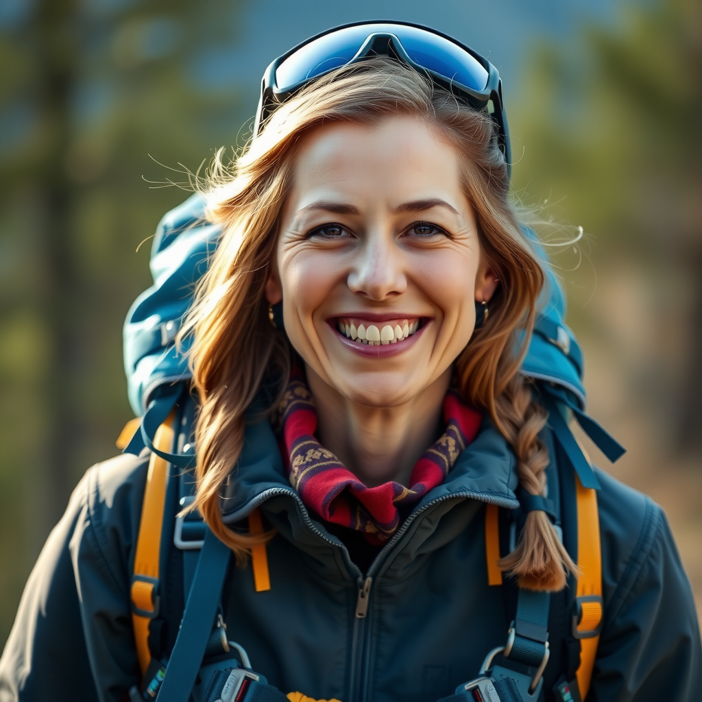 Portrait of Sarah Mitchell, satisfied tour customer, smiling woman with outdoor adventure gear