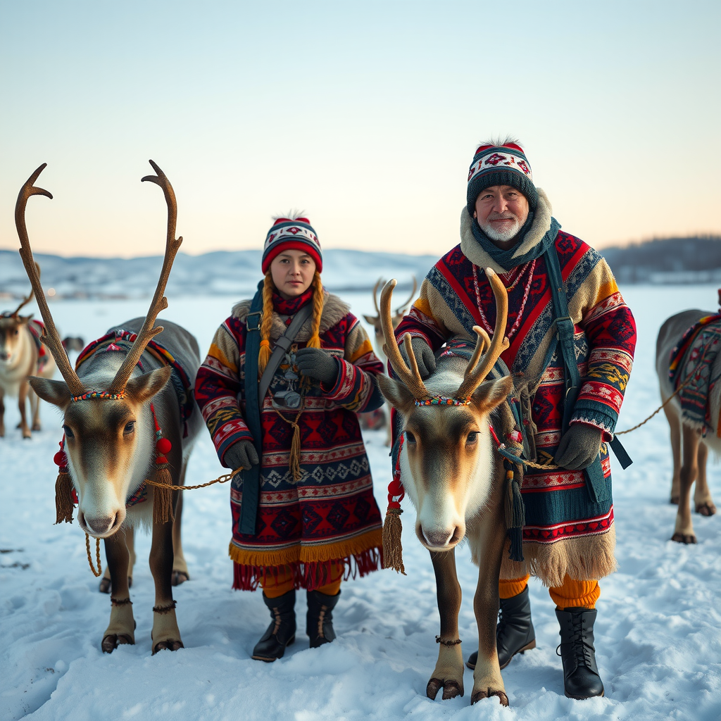Sami people in traditional colorful gakti clothing with reindeer in Arctic landscape, showcasing indigenous Norwegian Sami culture and heritage